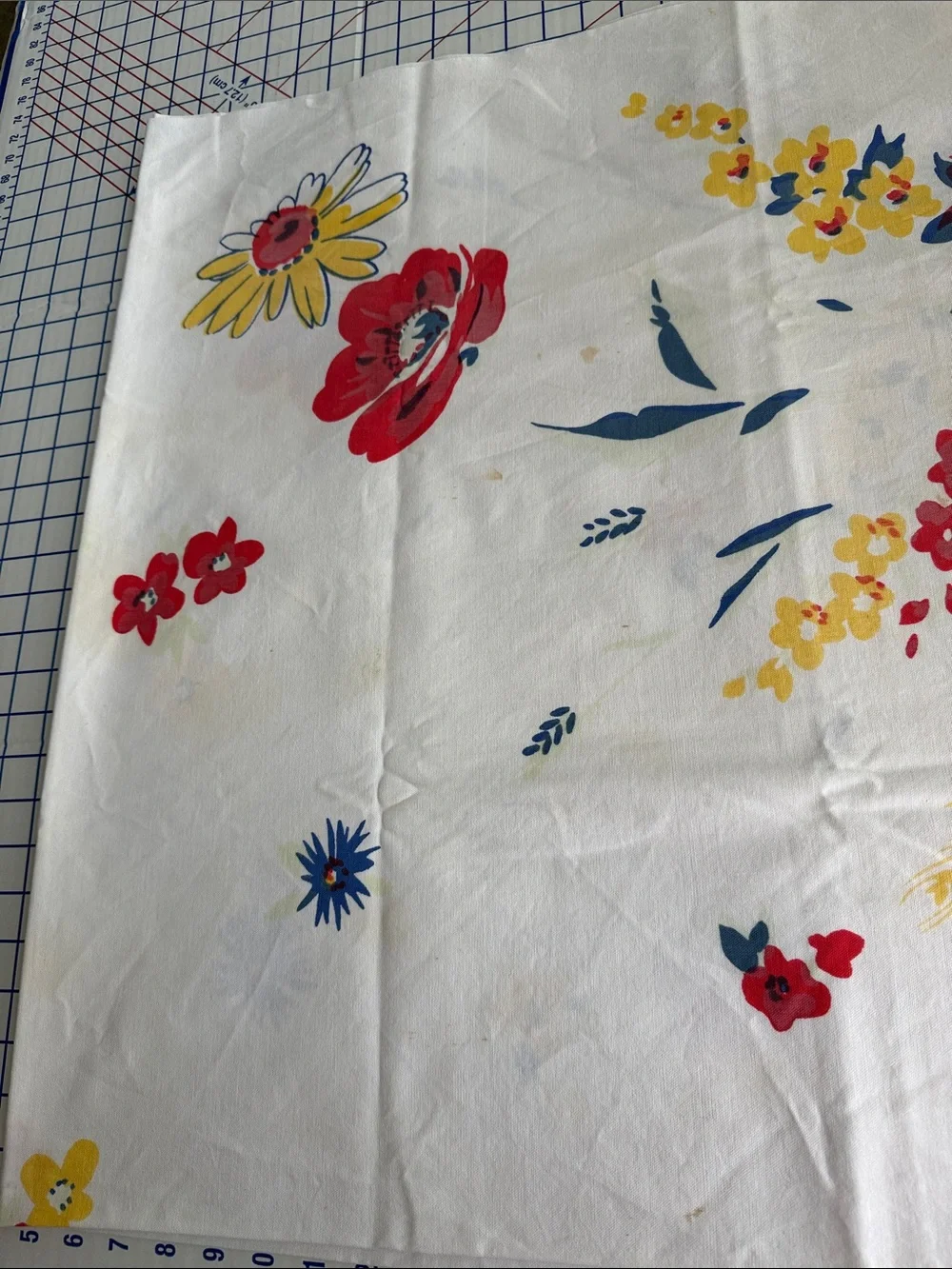 Vintage 50s Floral Tablecloth 64 x 52 Red Yellow Blue Cotton Kitchen Linen